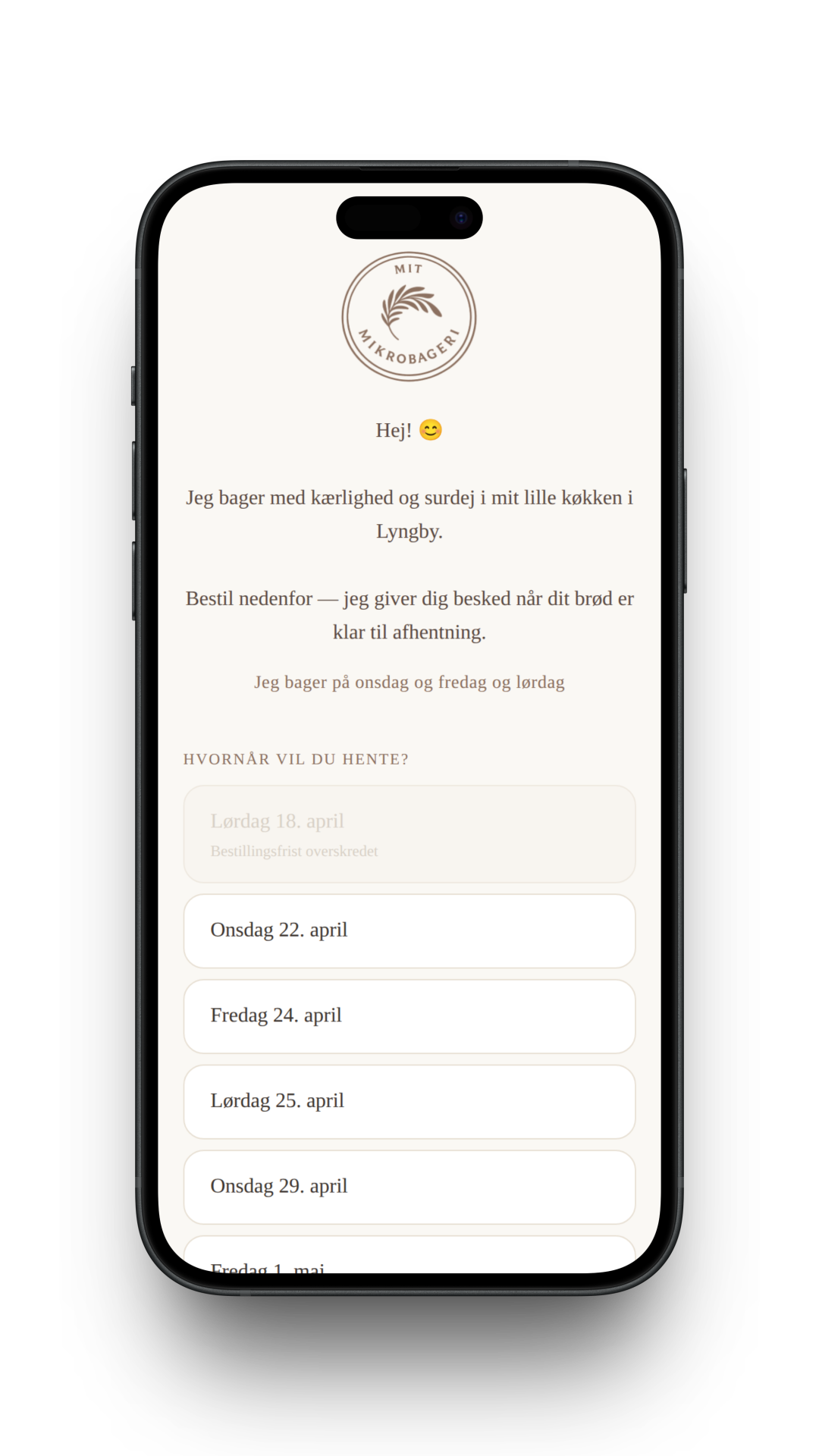 Online bestillingsside for kunder