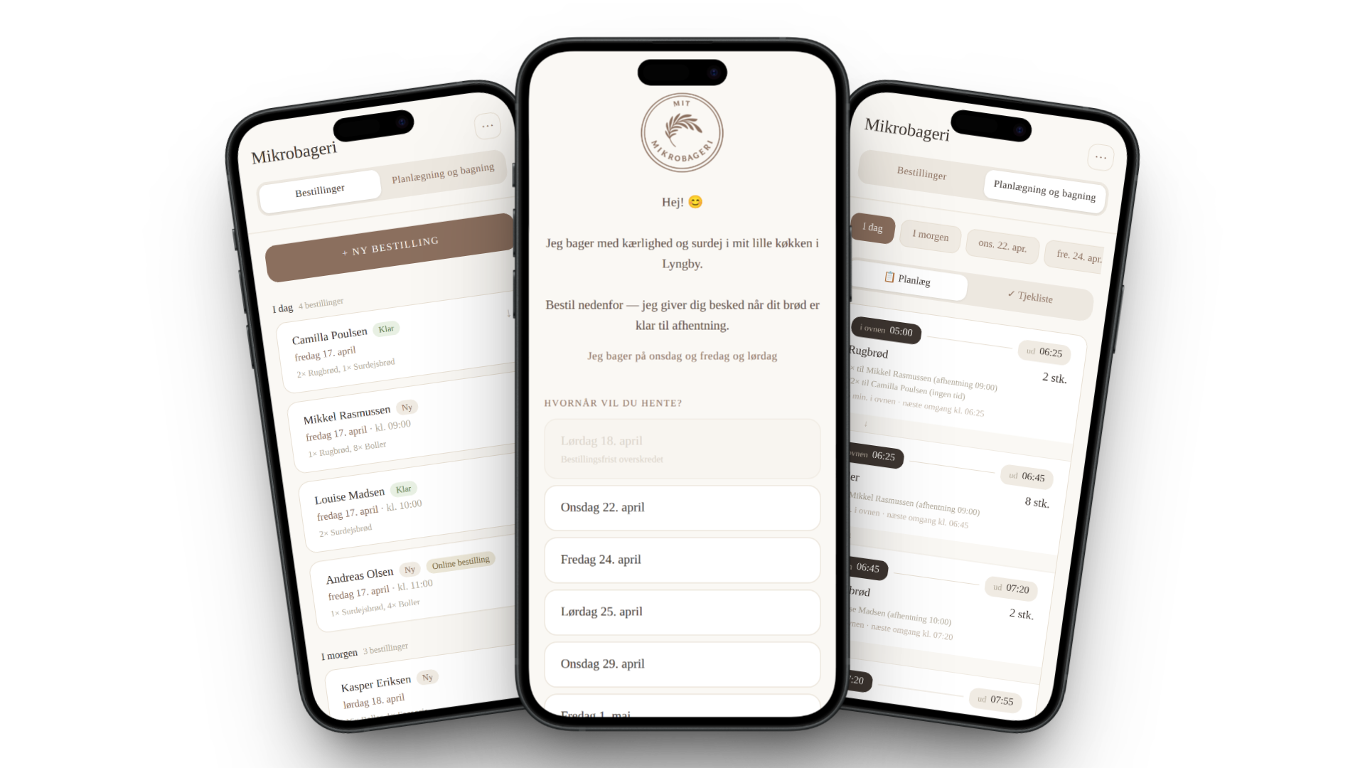Mit Mikrobageri app på tre telefoner